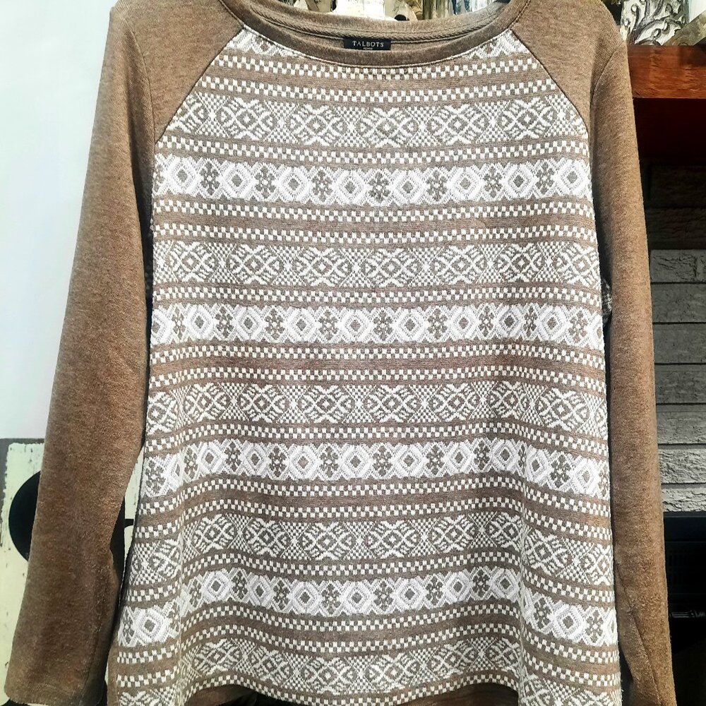 Talbots Brown & White Lace Print Front Long Sleeve Pullover Sweater Size 1XL